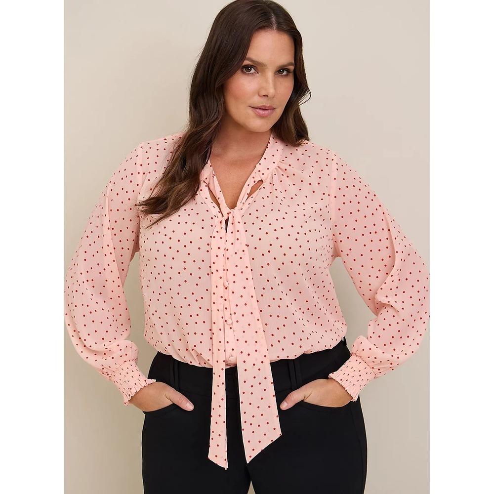 Torrid Chiffon Bow Front Polka Dot Blouse 2X Pink Retro Coquette Office Romantic